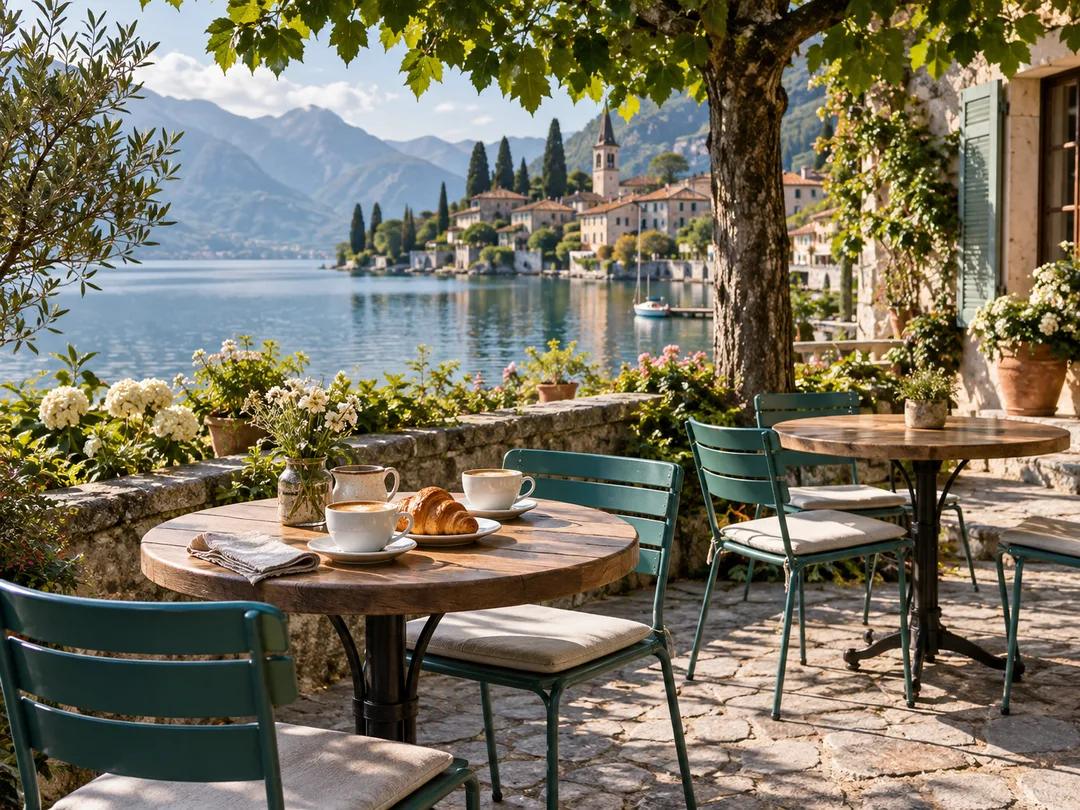 KI-Stimmungsbild: Caféterrasse mit Kaffee am See