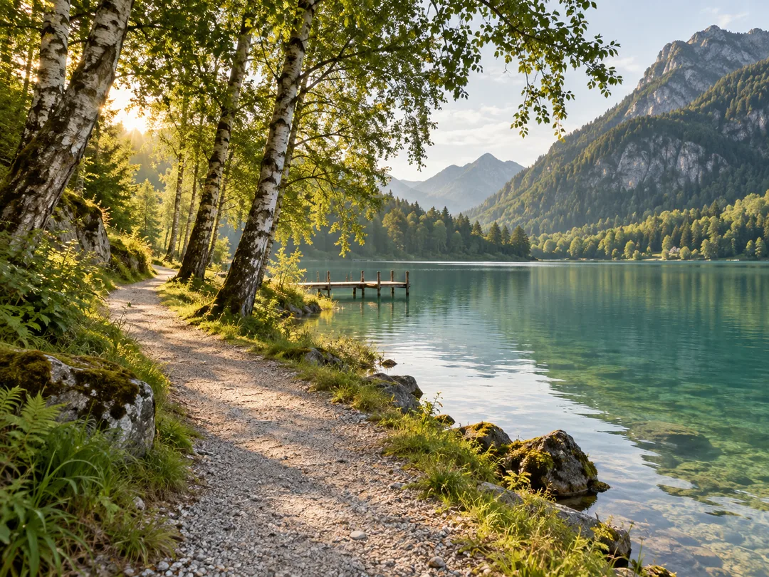 KI-Stimmungsbild: ruhiger Wanderweg am See